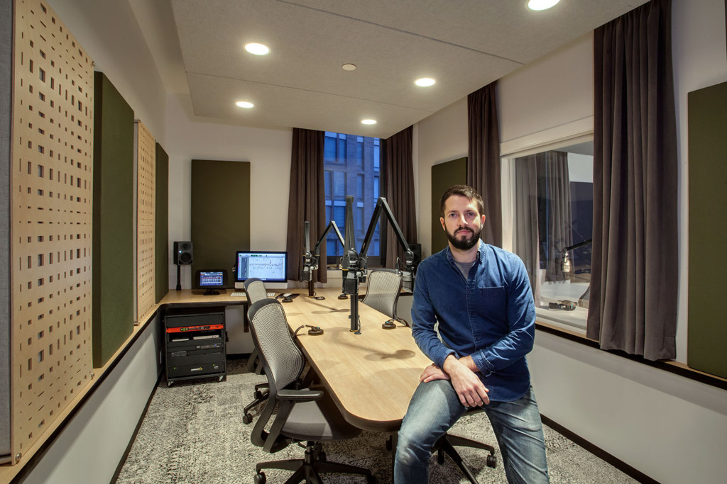 Gimlet Media, the award winning podcast production company is setting the standard in podcast creation studios with its new 28,000 square foot production facility. Designed by the acoustic architectural firm WSDG, it catapults Gimlet’s podcasting operations from a modest studio operation to a commercial-grade. Audio engineer Austin Thompson at Studio 3.