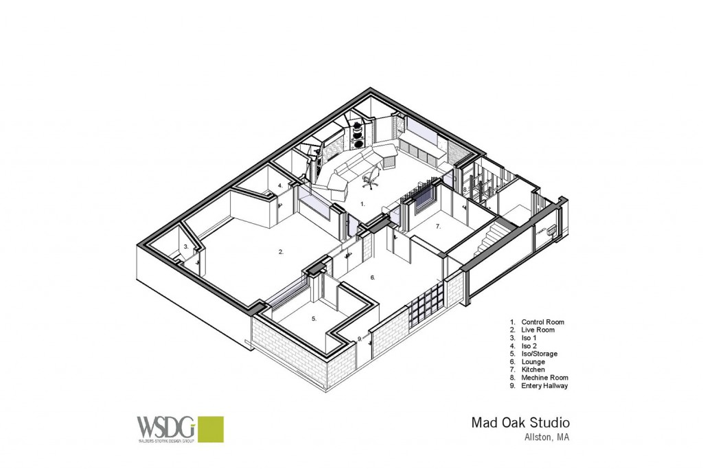 Gear guru studio owner PK Pandey Mad Oak Studios. Beautiful Control Room with Symphonic Acoustics custom speakers. WSDG was the only recording studio design firm considered for this project. Axonometric view.