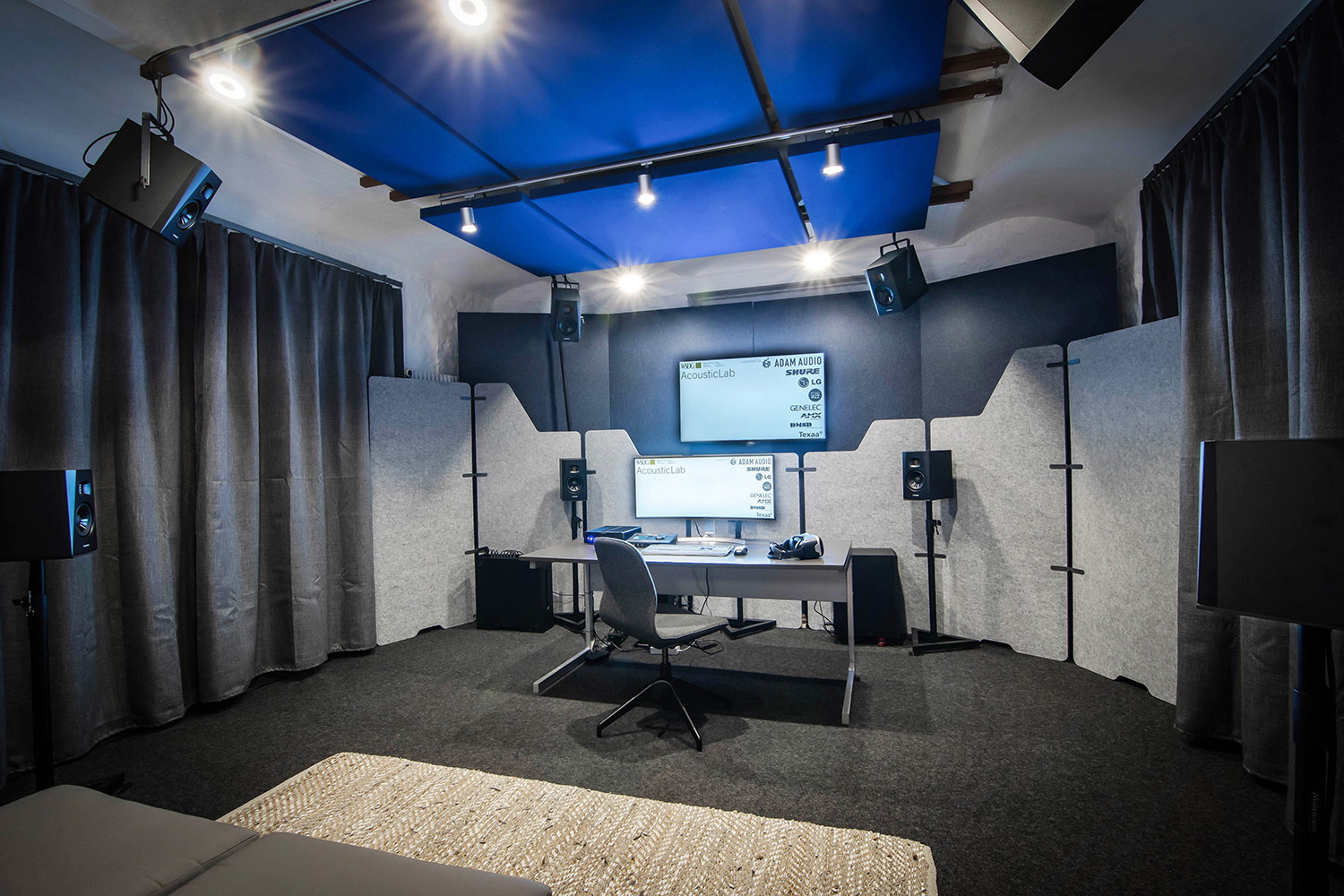 WSDG AcousticLab in Basel, Switzerland. Space designed to accurately demonstrate and reproduce different spaces auralization. Front View.