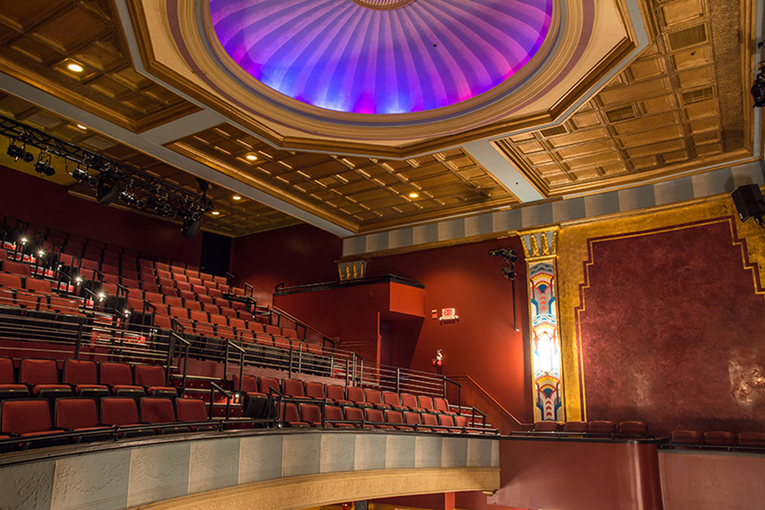 The Avalon Foundation, which runs the Avalon Theatre, secured the services of WSDG during a larger overall renovation initiative to update the theater’s acoustics, production lighting, and audiovisual capabilities. Balcony and LED ceiling.