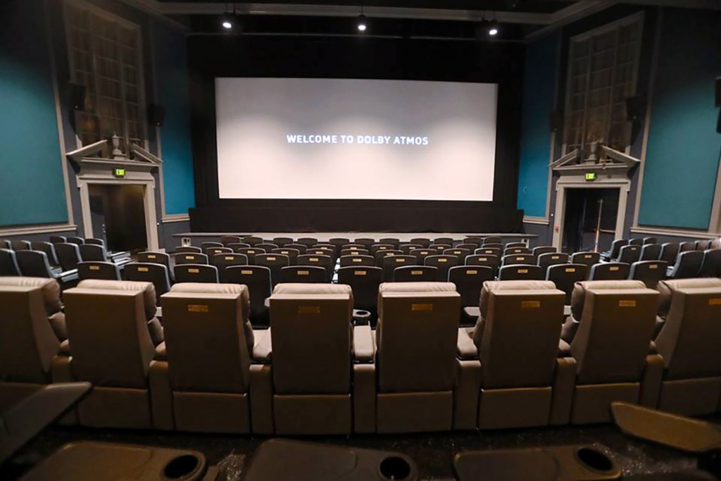 The Bedford Playhouse/Clive Davis Arts Center is a classic movie theater in the final stages of a total renovation. WSDG is providing complete acoustic and A/V design and consultation for the complex. Main Dolby Atmos Theater Screen View 2