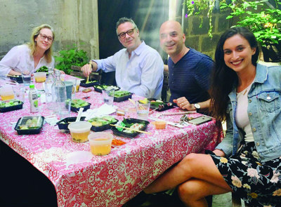 Actress Meryl Streep and director Tony Gerber relax with Blue Table Post's Lief and project coordinator Maggie Graber.