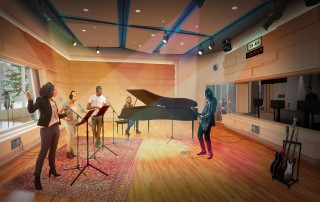 WSDG services were retained for the design of one recording studio, two productions studios and overall acoustics of the new headquarters for the Cincinnati Public Radio. Recording Studio 1 Render.