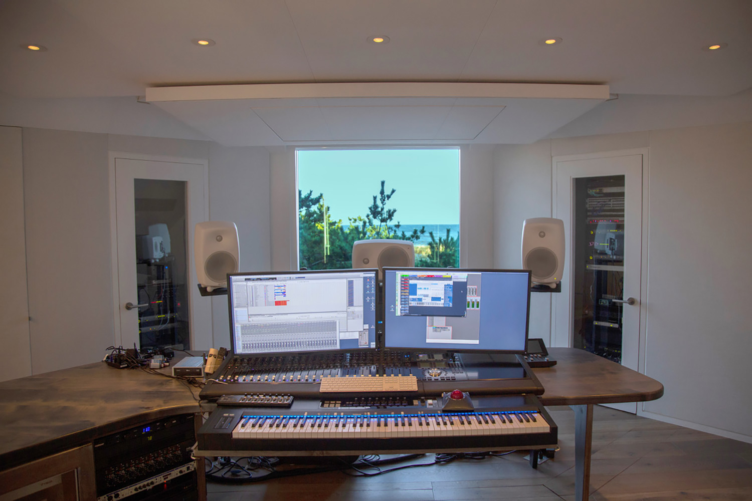 World-renown composer for films Carter Burwell returned to John Storyk and commissioned WSDG a new recording studio at his ultra modern Maziar Behrooz-designed home. WSDG-designed control room front view.