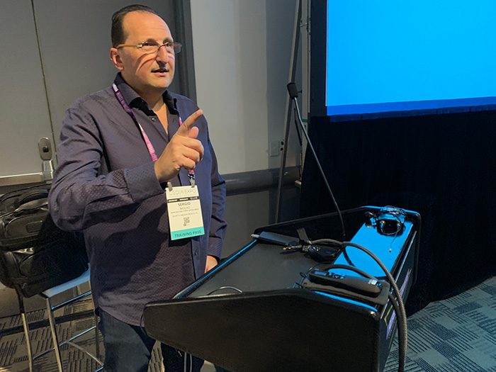 Cedia 2019, Sergio Molho giving a lecture of acoustics and media systems designa and engineering. Denver, Colorado.