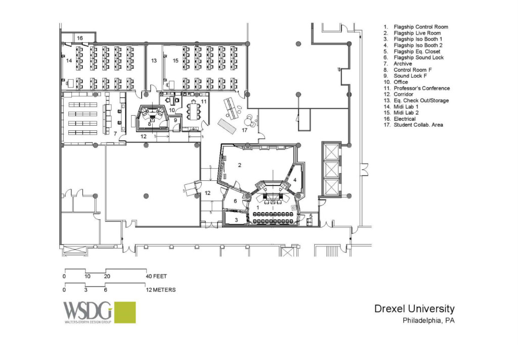 Drexel University in Philadelphia, PA is one of America's 15 largest universities. Their brand-new recording facilities, designed by the WSDG team, expands their music and recording program. Presentation drawing 1