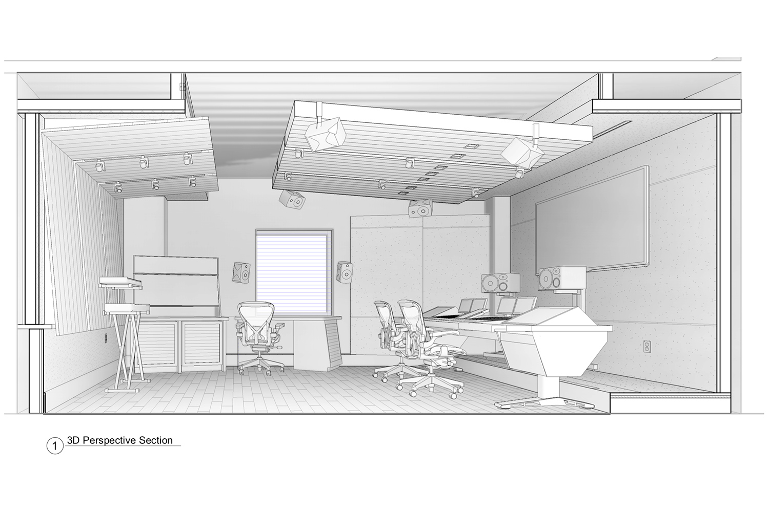 ELON University new Immersive audio control room designed by WSDG. 3D Perspective Render.