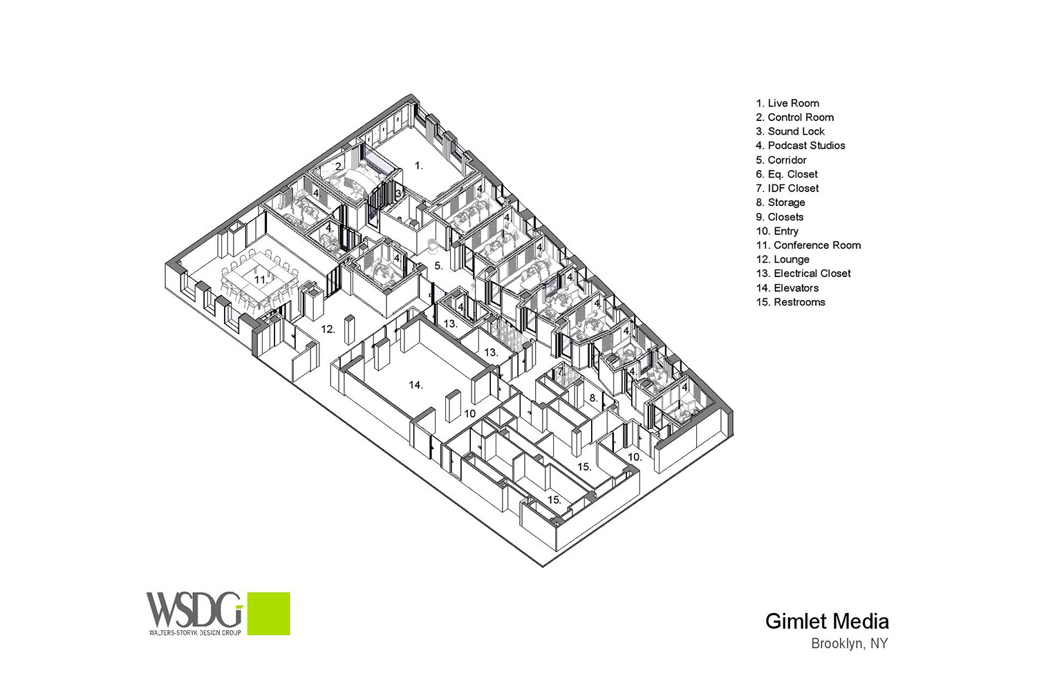 Gimlet Media, the award winning podcast production company is setting the standard in podcast creation studios with its new 28,000 square foot production facility. Designed by the acoustic architectural firm WSDG, it catapults Gimlet’s podcasting operations from a modest studio operation to a commercial-grade. Axonometric View.
