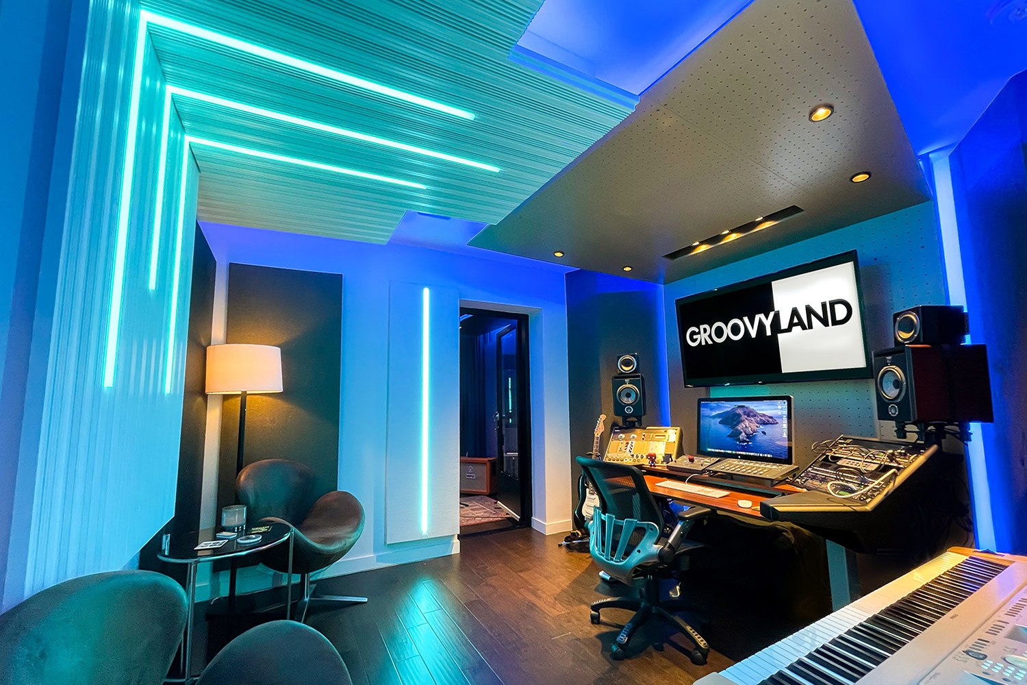 Groovyland Studios in North Miami Beach, owned by producer David Molho. Residential e-recording studio. Control Room designed by WSDG.