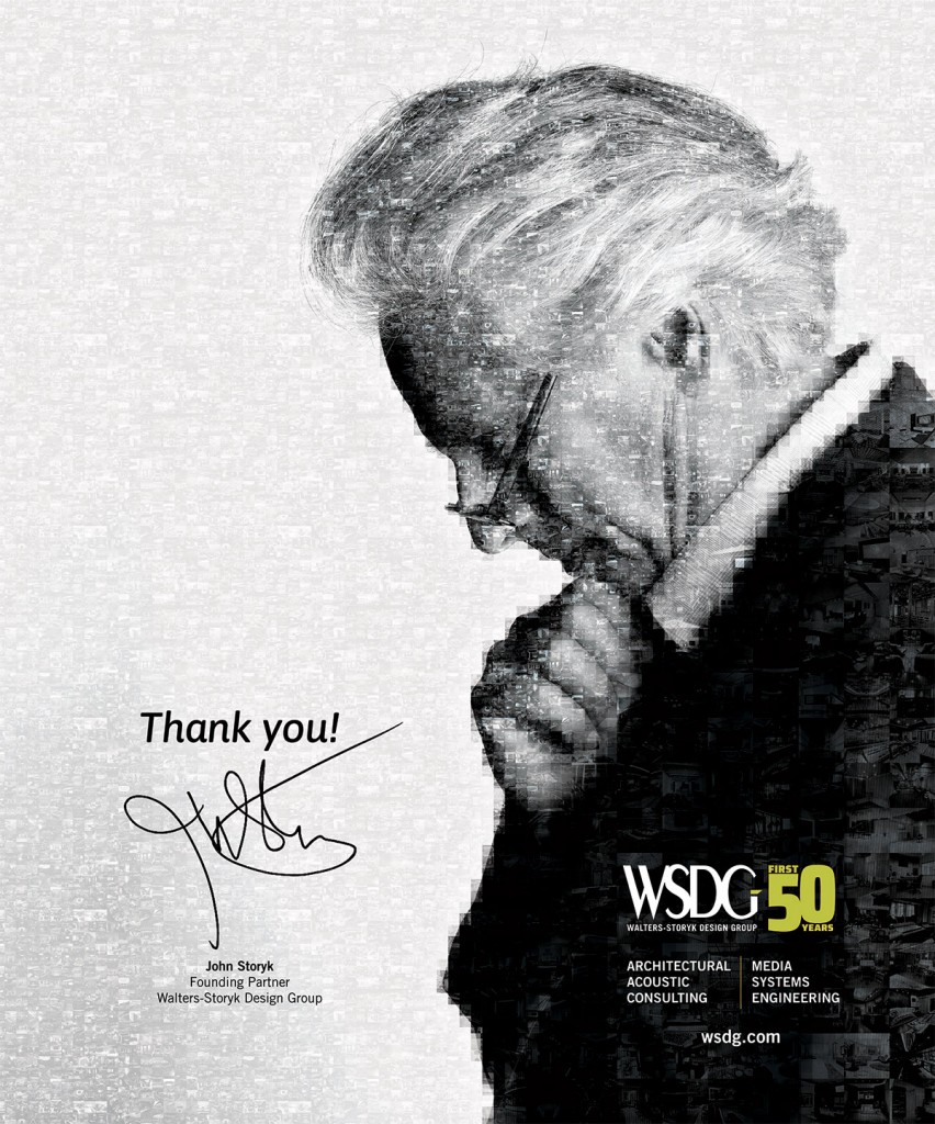 John Storyk - WSDG 50 Years poster, created with multiple photos of some of the +3000 designs they've created along this first 50 years. Best recording studios in the world. Best recording studio designs.