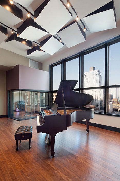 Jungle City Studios owned by Ann Mincieli and Alicia Keys. Live room piano featured with views to Manhattan.