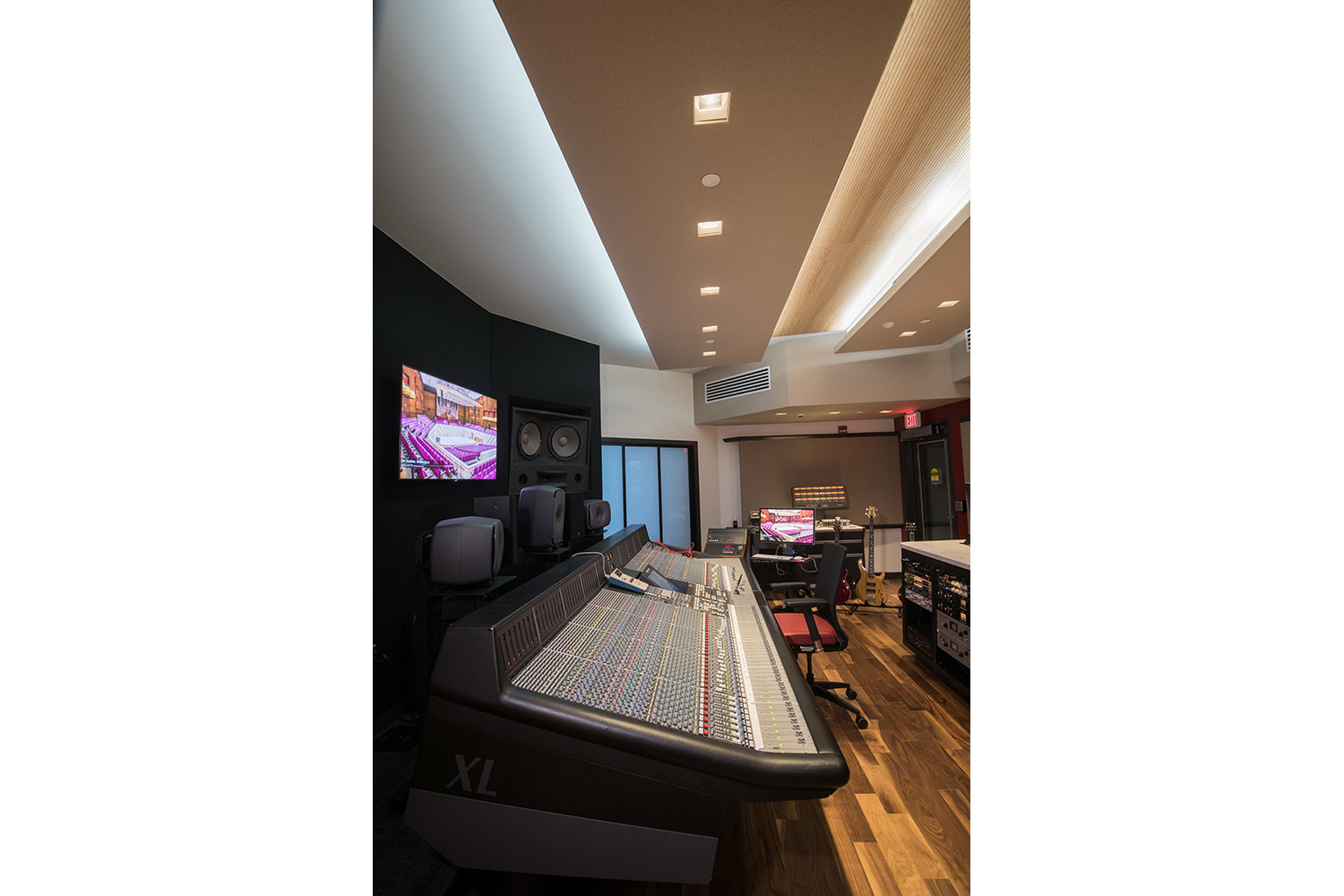 Montgomery County Community College in Blue Bell, PA brand-new Recording Studio for their Digital Music Technology course. Designed by WSDG. Architectural acoustics and media systems engineering. Control Room vertical view 2
