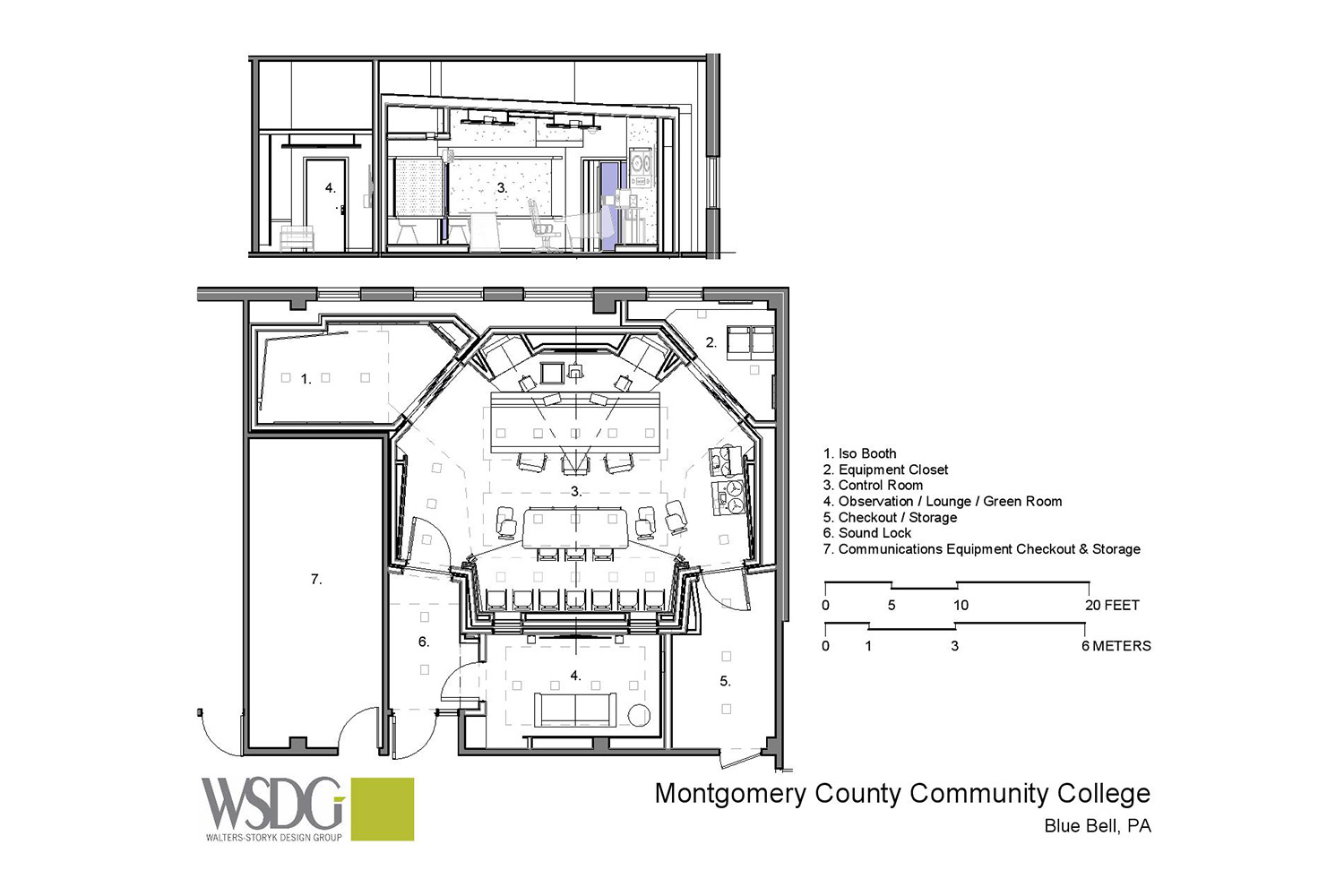 Montgomery County Community College in Blue Bell, PA brand-new Recording Studio for their Digital Music Technology course. Designed by WSDG. Architectural acoustics and media systems engineering. Presentation drawing.