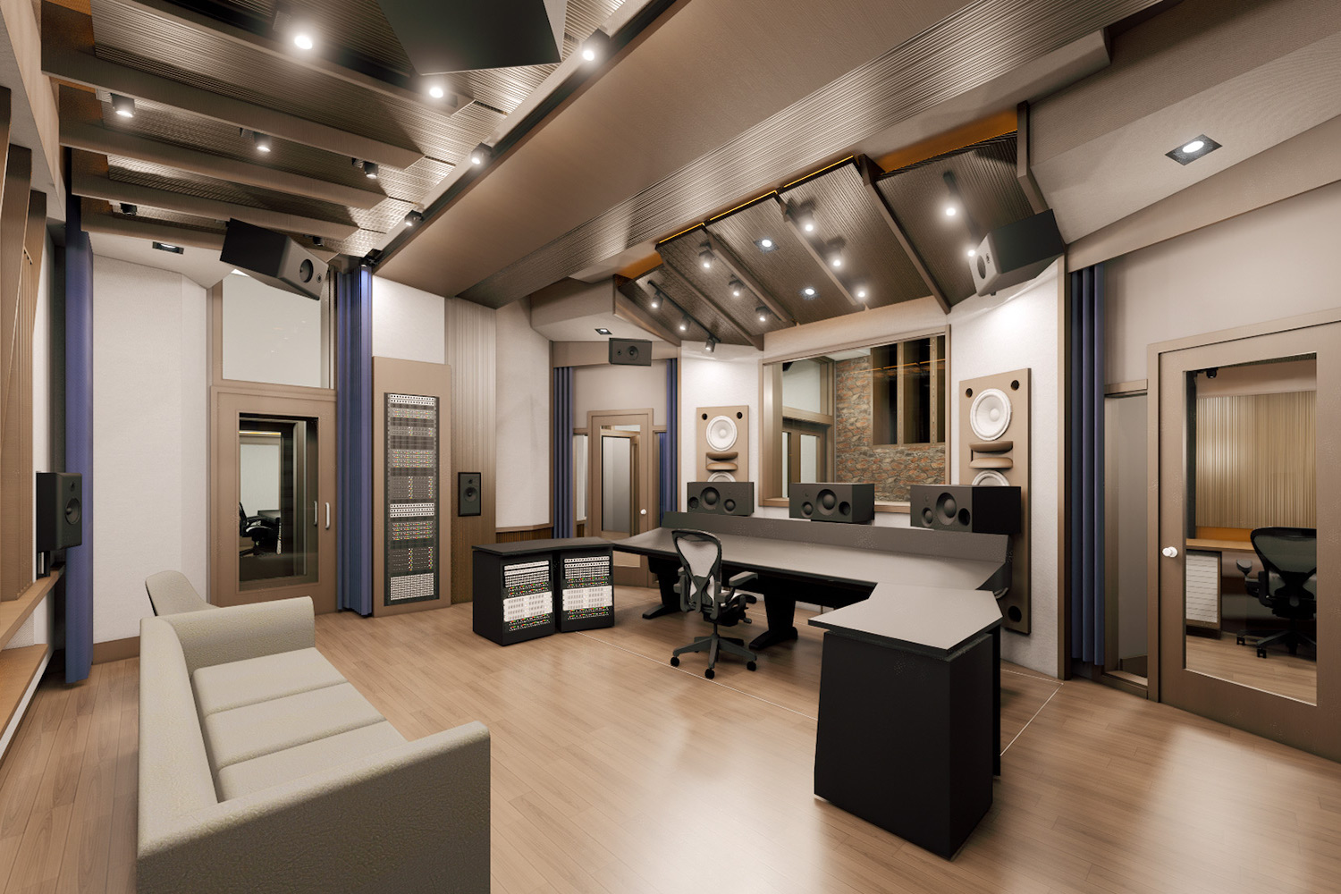 Mix with the Masters hired WSDG for the acoustic design and systems integration of their new recording studio complex in Paris, France. Control Room A.