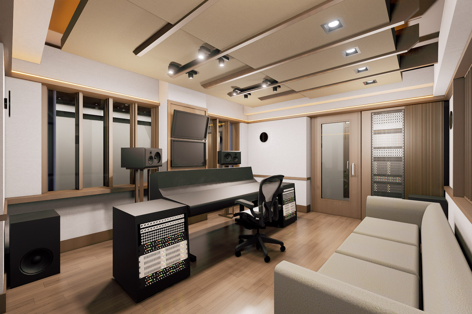 Mix with the Masters hired WSDG for the acoustic design and systems integration of their new recording studio complex in Paris, France. Control Room B.