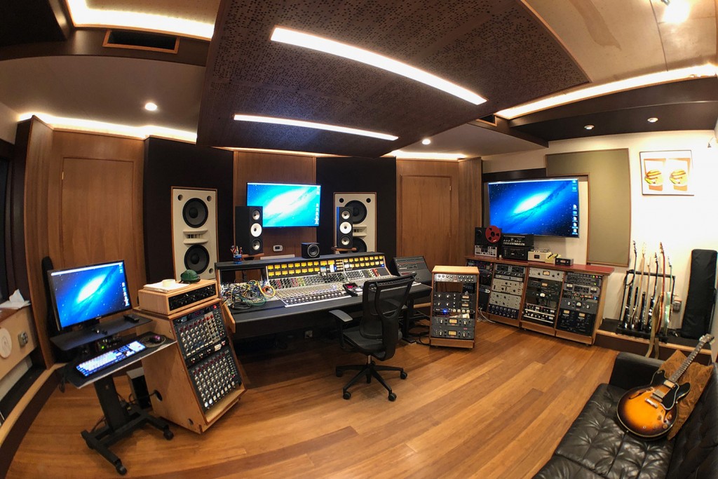 Gear guru studio owner PK Pandey Mad Oak Studios. Beautiful Control Room with Symphonic Acoustics custom speakers. WSDG was the only recording studio design firm considered for this project. Control Room left side view.