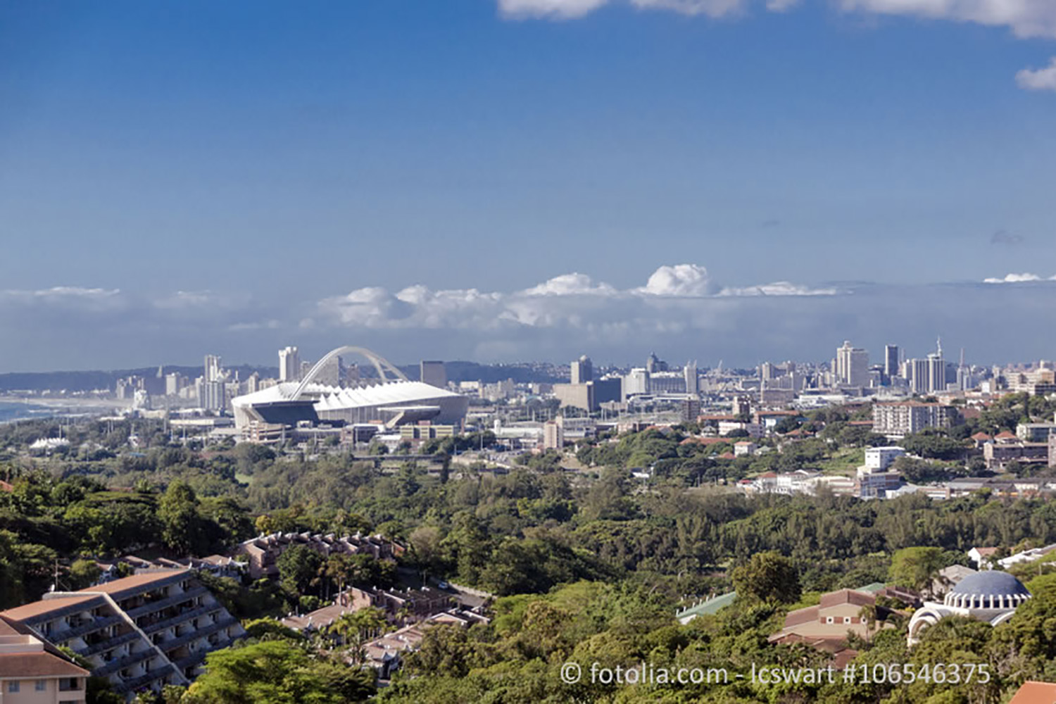Moses Mabhida Stadium in Durban, South Africa. Stadium far away photography.