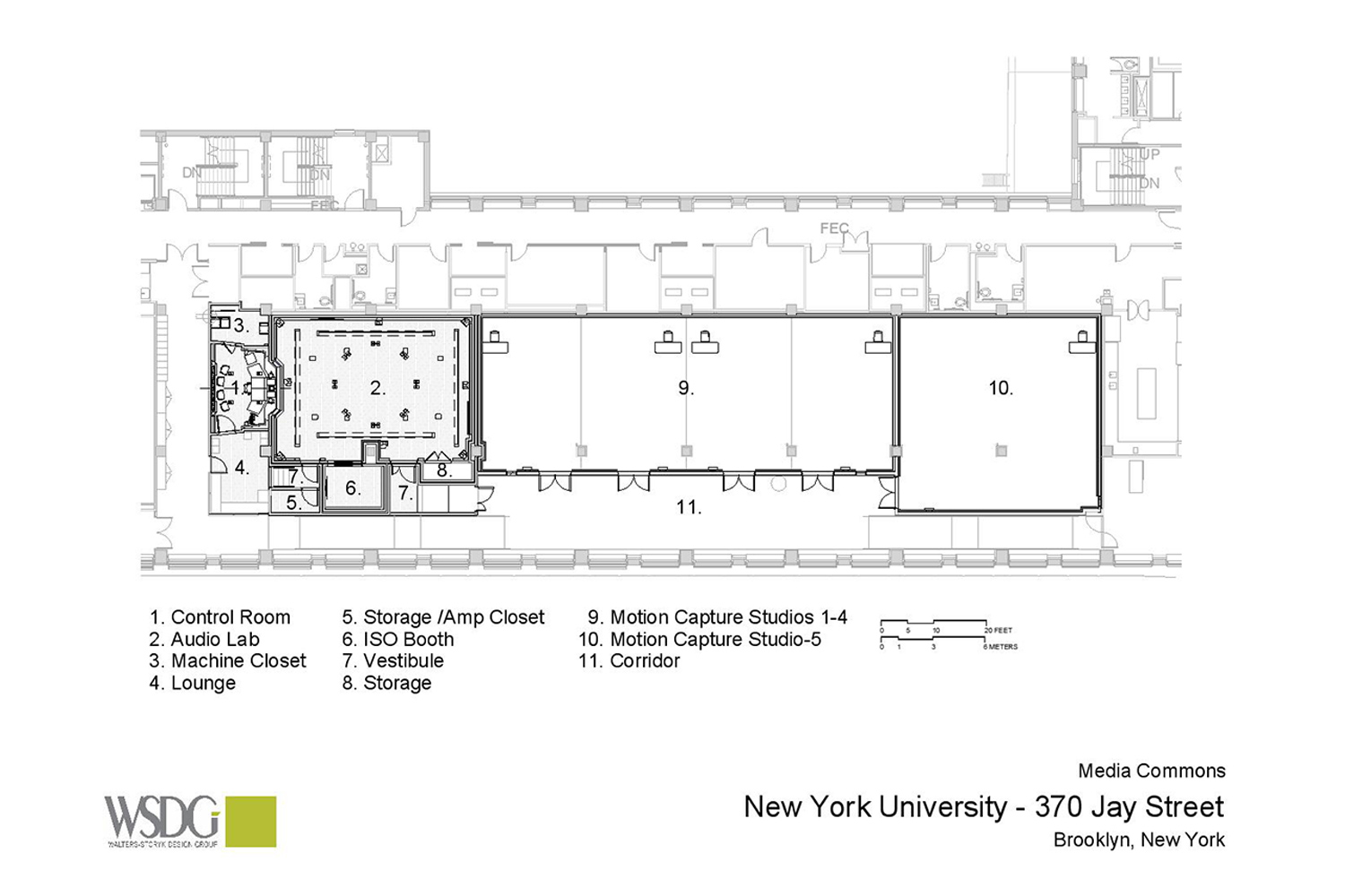 WSDG was engaged to design three key elements for th NYU Jay Street sustainable technology Center. Immersive audio lab, garage media and motion capture lab. Presentation drawing 2.