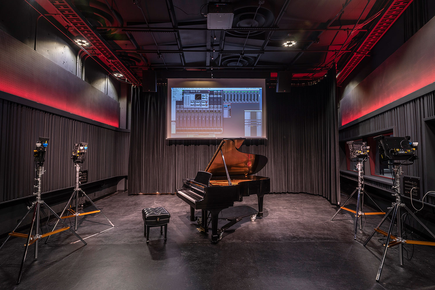 Rensselaer Polytechnic Institute (RPI) brand new state-of-the-art audio production facilities, designed by WSDG - Live Room featuring Grand Piano and Film Scoring Screen.