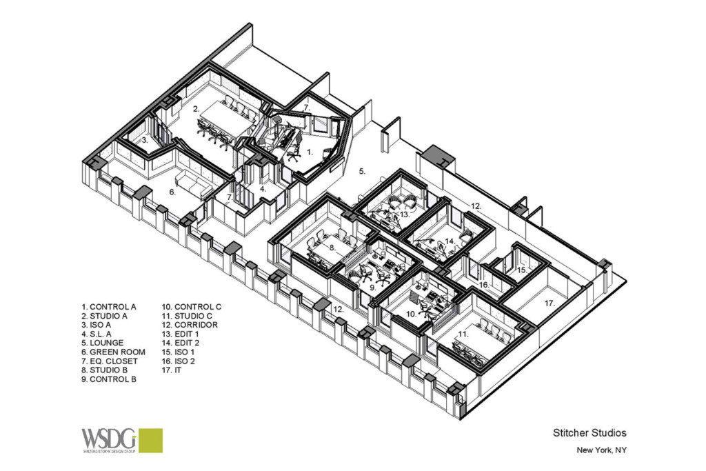 Stitcher is among the earliest, the most creative and most successful podcast creator companies. Their team made a move to build out larger production facilities in both its NY and LA offices and they chose WSDG to design their new podcast studios facilities. Presentation Drawing 1.