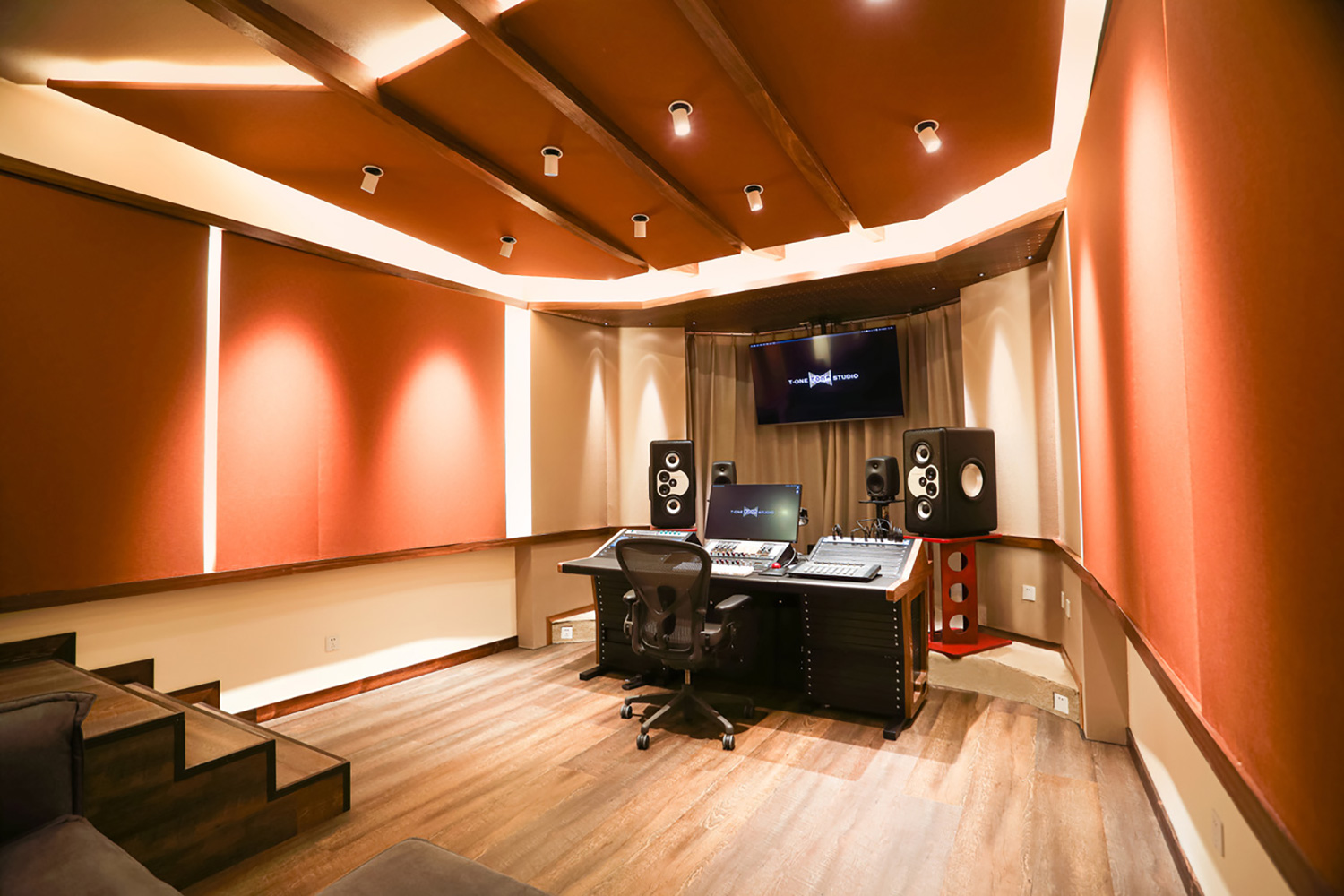 T-One Studios is the brainchild of engineers Qiwu Tan and Yi He located in Hohhot, China. WSDG’s services were retained to design this modern and cool world-class recording facility. Control Room.