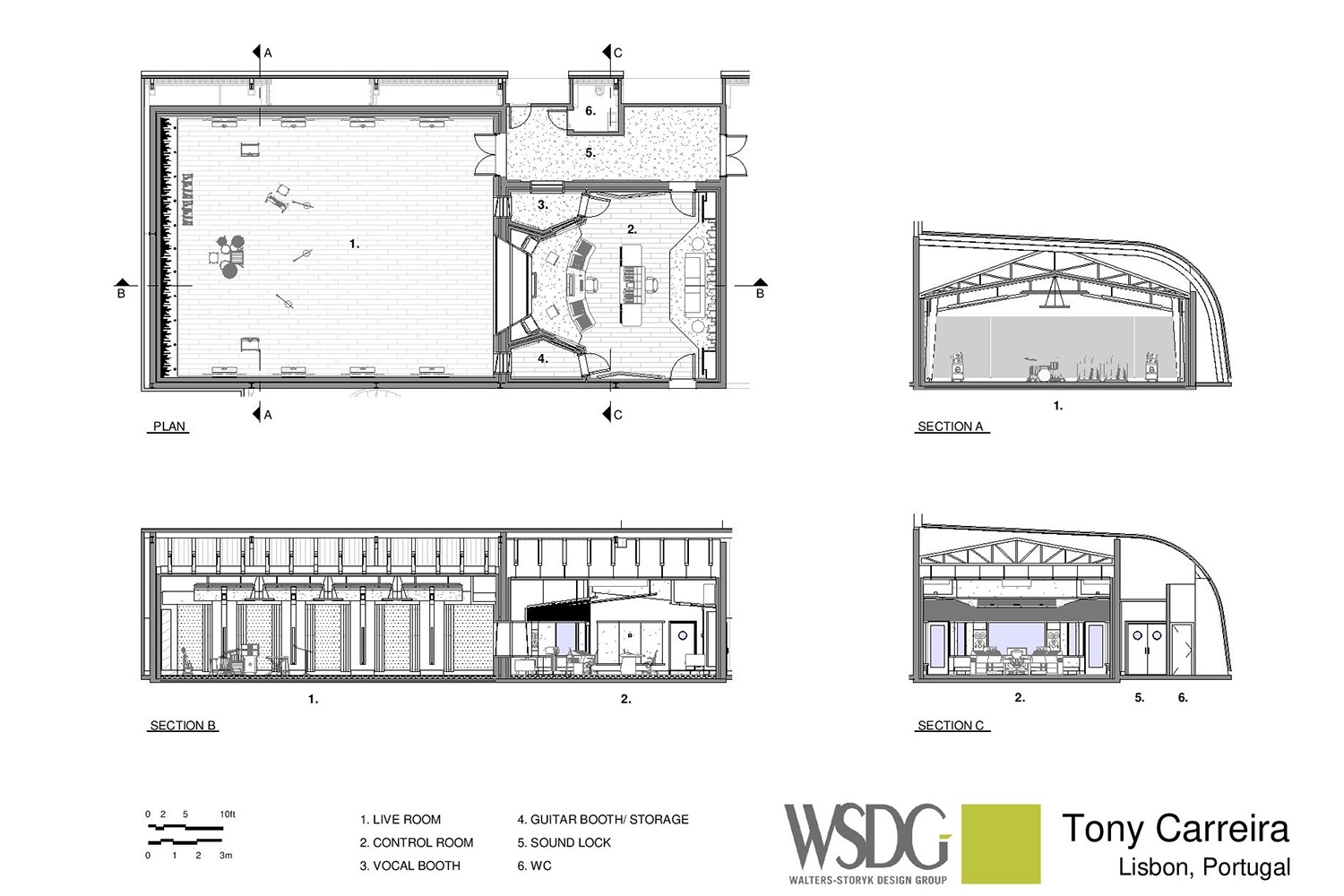 Tony Carreira Studios. WSDG was brought on to redesign the warehouse into a multi-functional recording facility with live streaming and video production capabilities. Presentation drawings.