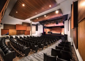 The Herb Alpert Foundation engaged WSDG to design the acoustics for a small on-campus live performance theater at the prestigious UCLA, with help of Lani Hall. Theater Side View, acoustic treatment.