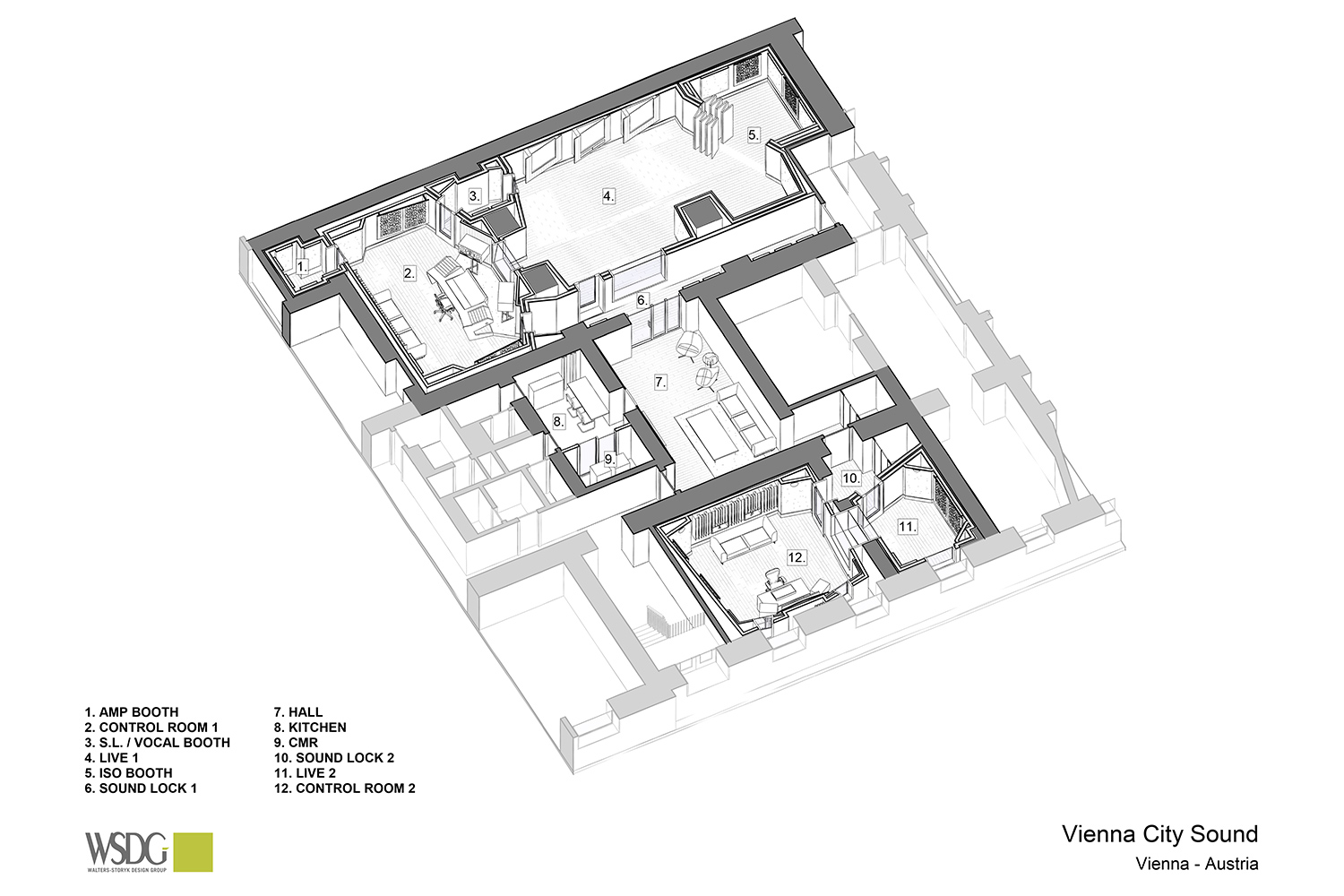 Vienna City Sound is a twelve-room recording studio built in the basement of a vintage commercial building in the heart of Vienna. Owner Peter Zimmerl’s retained the services of WSDG to design his dream studio. Presentation drawing 1.