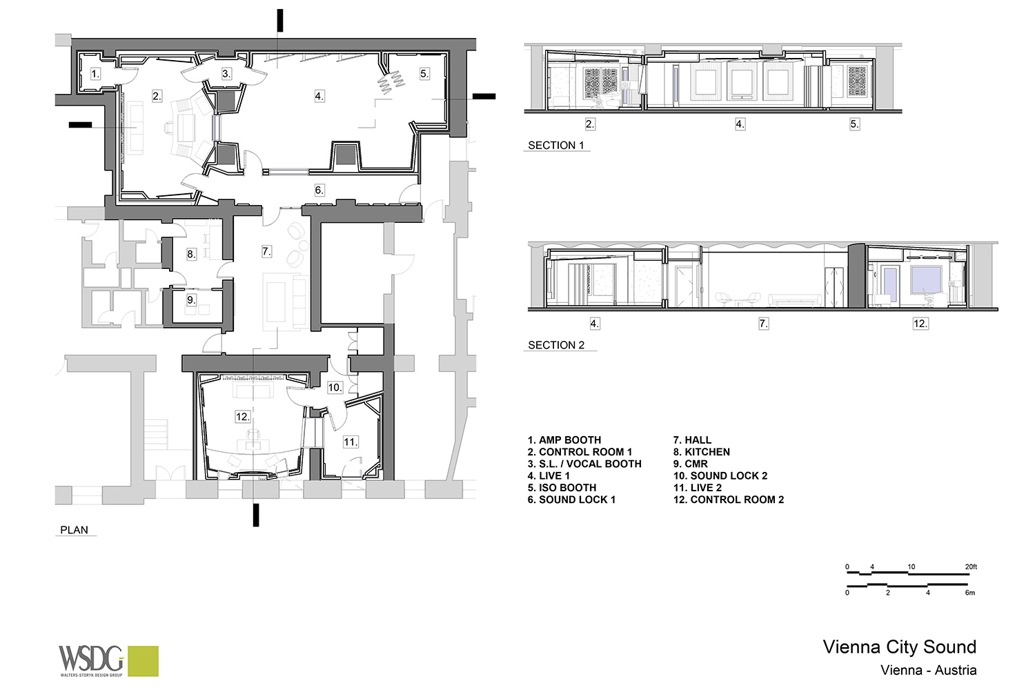 Vienna City Sound is a twelve-room recording studio built in the basement of a vintage commercial building in the heart of Vienna. Owner Peter Zimmerl’s retained the services of WSDG to design his dream studio. Presentation drawing 2.