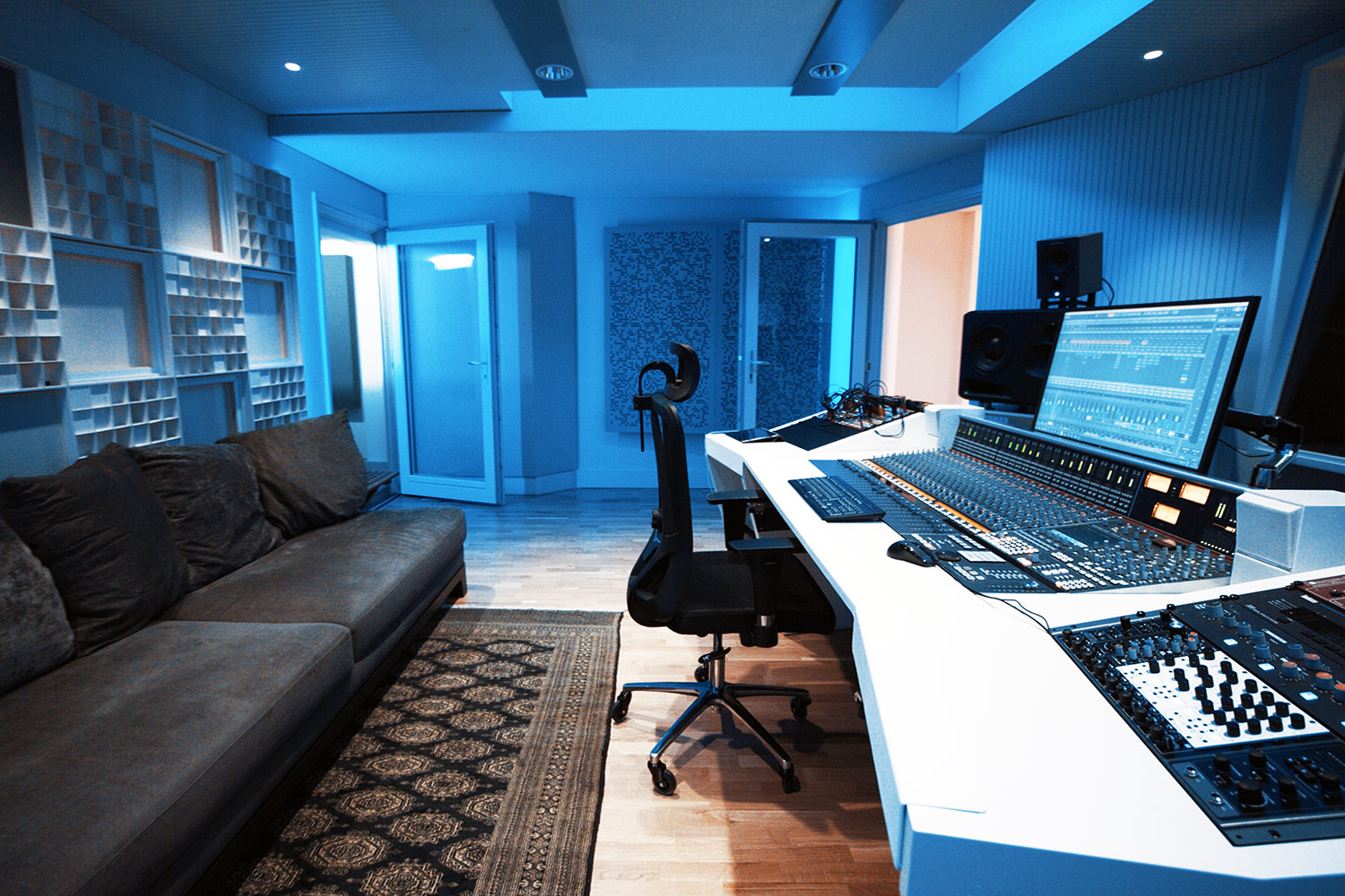 Vienna City Sound is a twelve-room recording studio built in the basement of a vintage commercial building in the heart of Vienna. Owner Peter Zimmerl’s retained the services of WSDG to design his dream studio. Control room side photo.