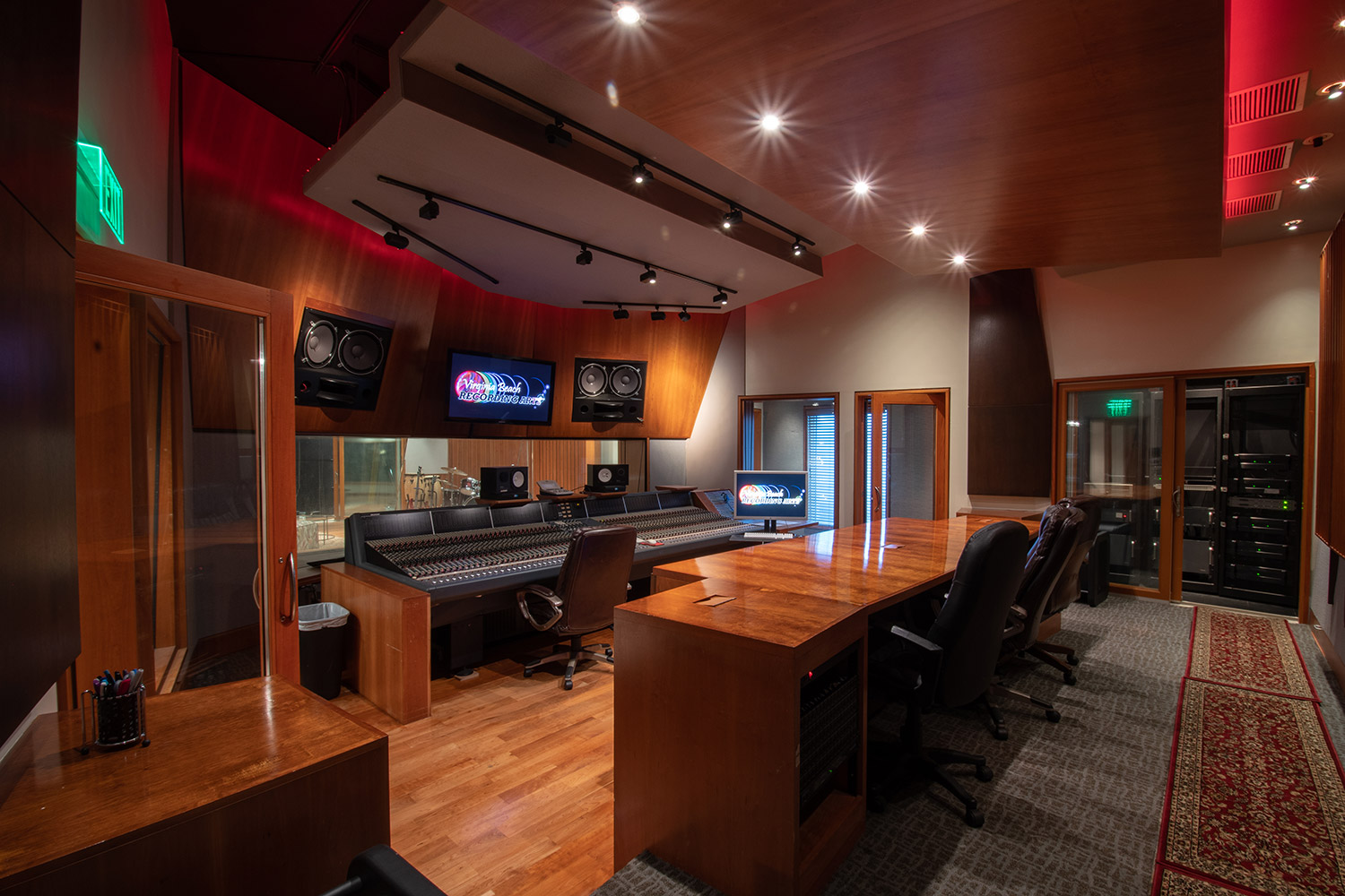 Former Thomas Crown Studio owned by Timbaland, Virginia Beach Recording Studio is a is a spacious 6,756 square ft. two-story ‘destination studio’ owned by Josh Haddad and designed by WSDG. One of the best recording studios in the world, where artist such as Pharrell, Kanye West, Beyonce and Justin Timberlake record. Control Room A.
