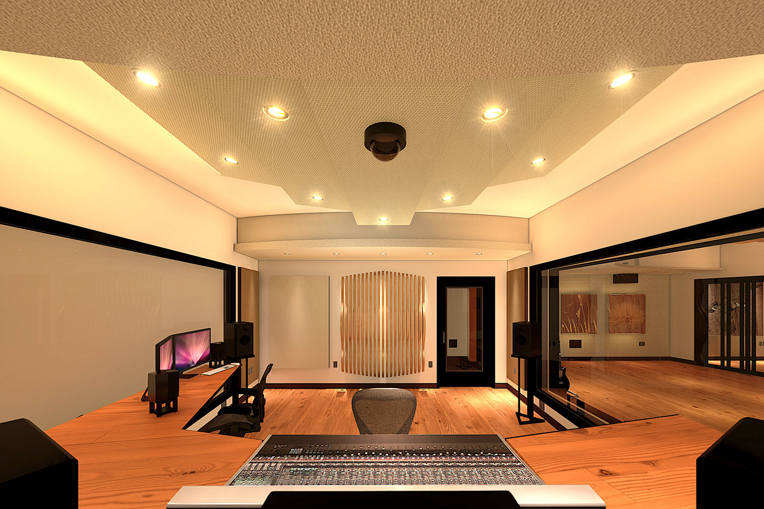 One of Hawaii’s only schools providing students with both pro audio and pro video production training, the Washington Middle School reached out to WSDG to create a state-of-the-art dual-purpose teaching studio. Control room back view render.