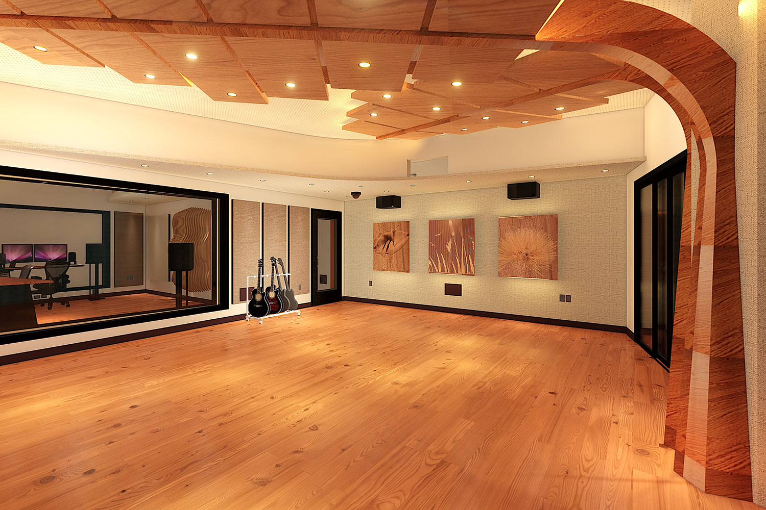 One of Hawaii’s only schools providing students with both pro audio and pro video production training, the Washington Middle School reached out to WSDG to create a state-of-the-art dual-purpose teaching studio. Live room koa tree diffusor render.