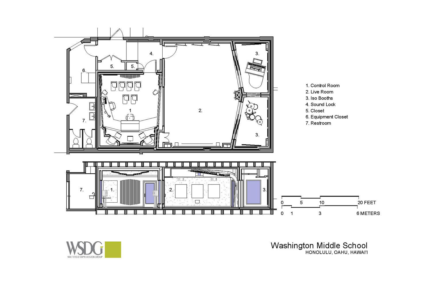 One of Hawaii’s only schools providing students with both pro audio and pro video production training, the Washington Middle School reached out to WSDG to create a state-of-the-art dual-purpose teaching studio. Presentation drawing.