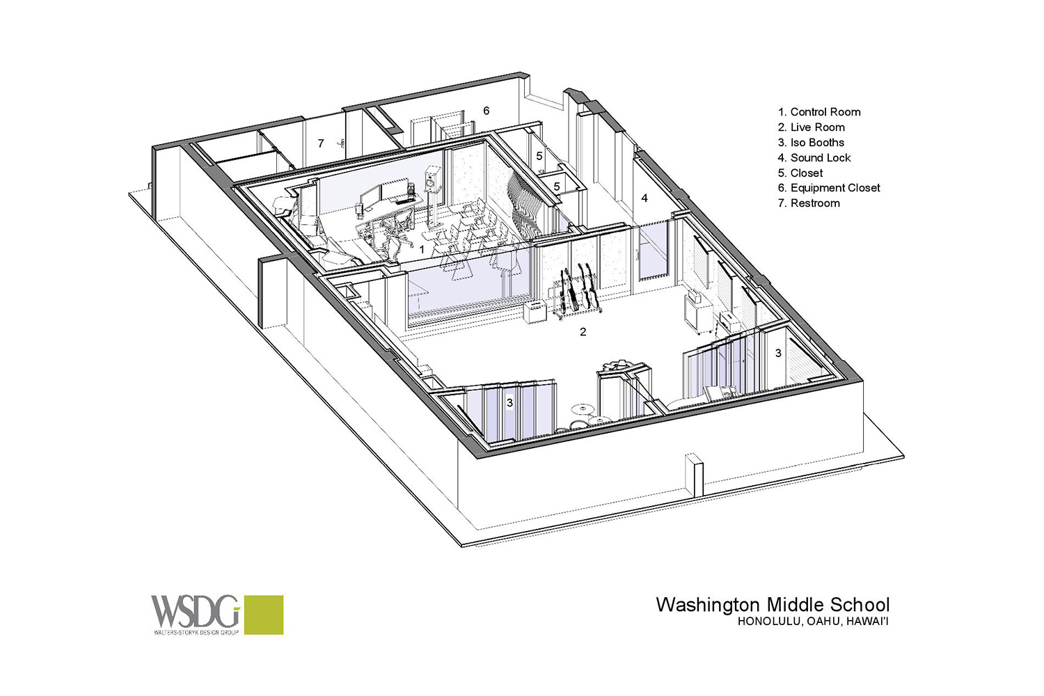 One of Hawaii’s only schools providing students with both pro audio and pro video production training, the Washington Middle School reached out to WSDG to create a state-of-the-art dual-purpose teaching studio. Axonometric drawing.