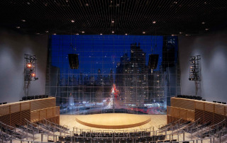 Jazz at Lincoln Center in Columbus Circus, NYC. Acoustic design and internal room acoustics by WSDG. Front city view.